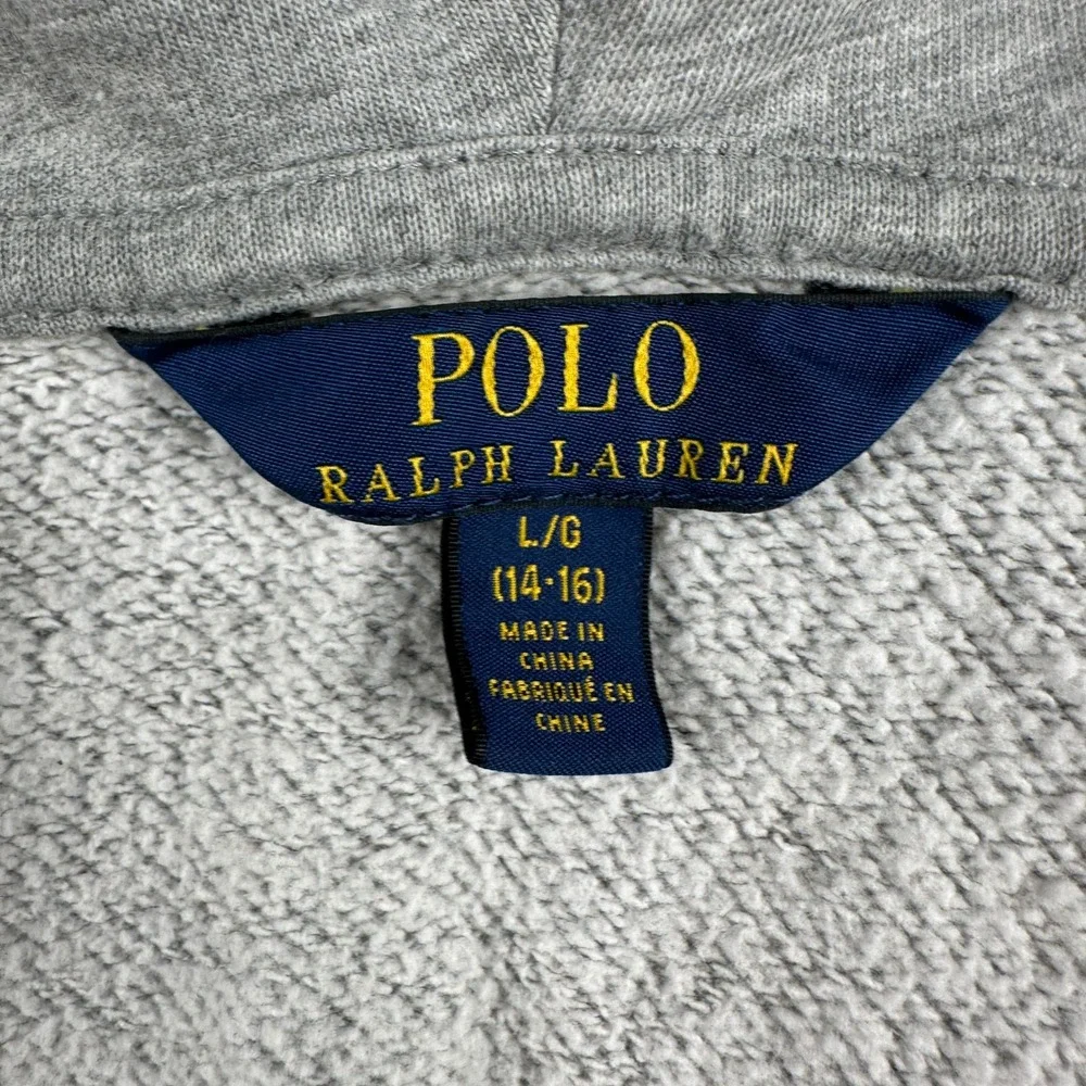 Polo Ralph Lauren Hoodie Kids L 14-16 Full Zip Gray Sweatshirt Pocket Distressed
